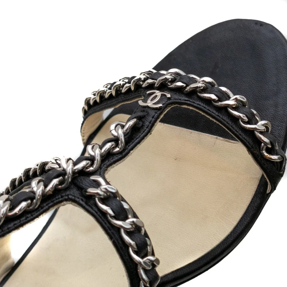 Chanel Black Leather Chain Strap Heeled Sandals US 8.5 Ankle Strap CC Logo‎